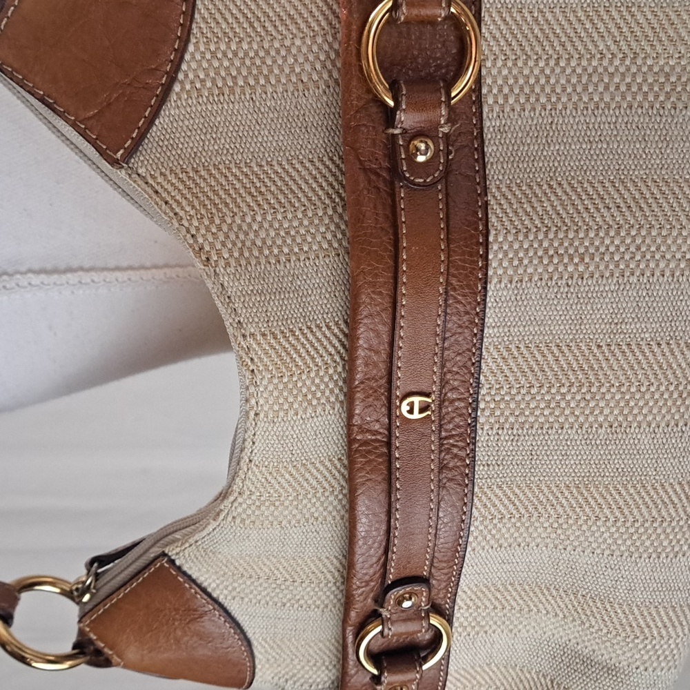 Etienne Aigner Leather And Woven Fabric Shoulder Bag Gold Metal Ring Accents - Picture 3 of 16